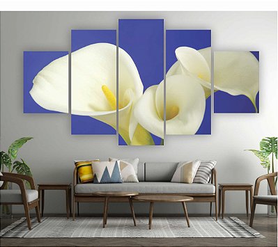 Quadros Decorativos Mosaico 5 peças Floral Flor Copo de Leite Branco 115x60cm
