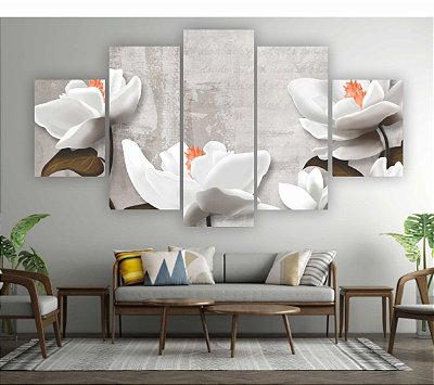 Quadros Decorativos Mosaico 5 peças Floral Artístico Flores Brancas 115x60cm