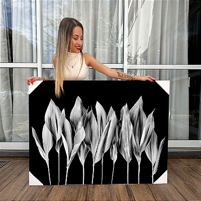 Quadro Decorativo Canvas Floral Pétalas Preto e Branco Horizontal