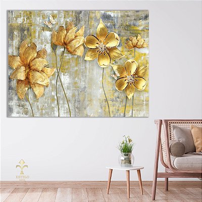 Quadro Decorativo Canvas Flores Douradas Horizontal