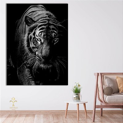Quadro Decorativo Canvas Animais Silvestres Tigre Caçador Preto e Branco Vertical