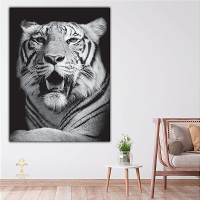 Quadro Decorativo Canvas Animais Silvestres Tigre Preto e Branco Vertical