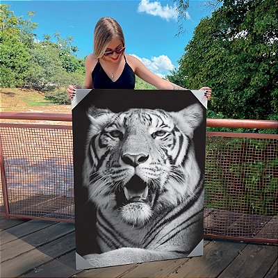 Quadro Decorativo Canvas Animais Silvestres Tigre Preto e Branco Vertical
