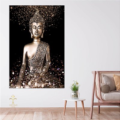 Quadro Decorativo Canvas Religioso Buda Dourado com Fundo Preto Vertical