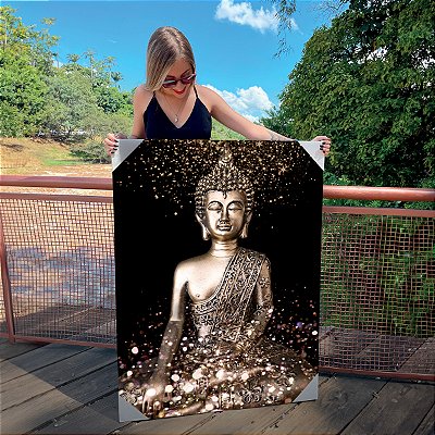 Quadro Decorativo Canvas Religioso Buda Dourado com Fundo Preto Vertical