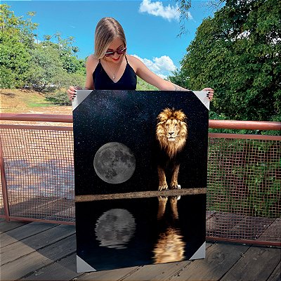 Quadro Decorativo Canvas Leão de Judá com a Lua e Céu Estrelado Vertical