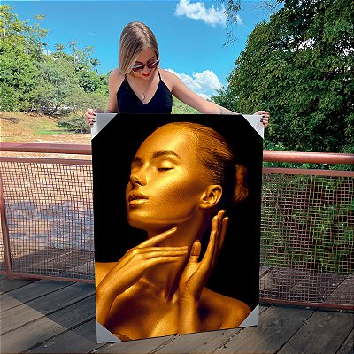Quadro Decorativo Canvas Rosto Feminino Dourado Olhos Fechados Perfil Vertical