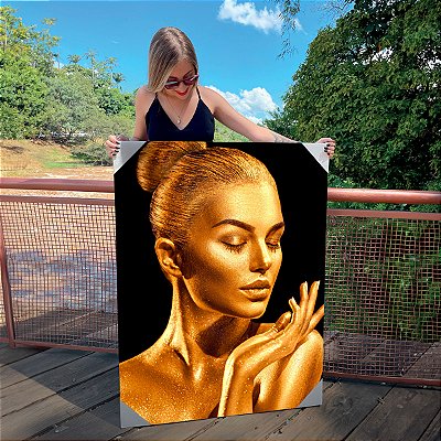 Quadro Decorativo Canvas Rosto Feminino Dourado Olhos Fechados Vertical