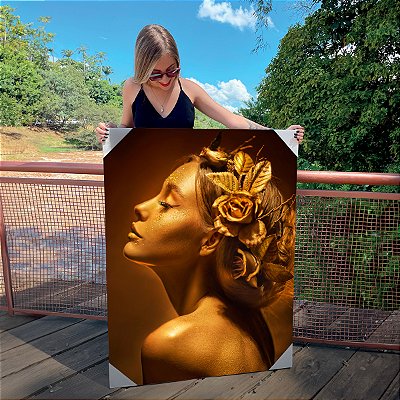 Quadro Decorativo Canvas Rosto Feminino Dourado Perfil Rosas no Cabelo Vertical