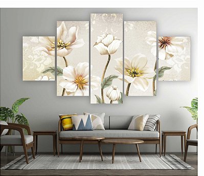 Quadros Decorativos Mosaico 5 peças Flores Brancas Florais Artístico 115x60cm