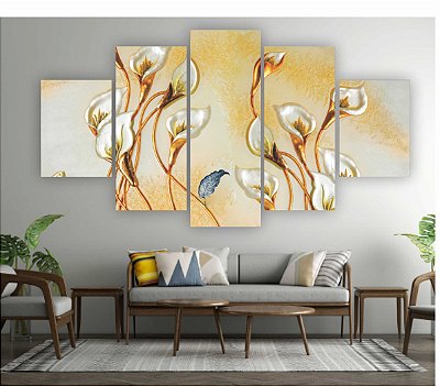 Quadros Decorativos Mosaico 5 peças Florais Artístico Copo de Leite Dourado 115x60cm