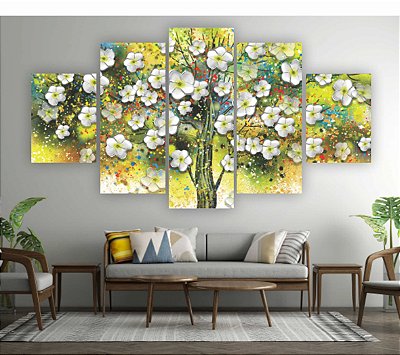 Quadros Decorativos Mosaico 5 peças Árvore Florais Artístico Flores Brancas 115x60cm