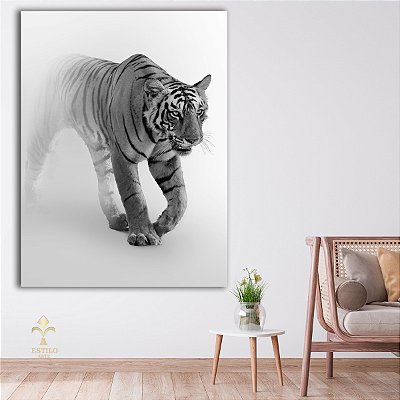 Quadro Decorativo Canvas Tigre Abstrato Fundo Cinza Animal Silvestre Vertical
