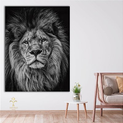 Quadro Decorativo Canvas Animais Selvagens Leão Preto E Branco Vertical