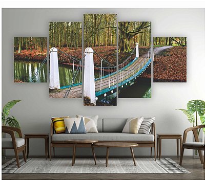 Quadros Decorativos Mosaico 5 peças Floresta Verde Ponte Pêncil 115x60cm