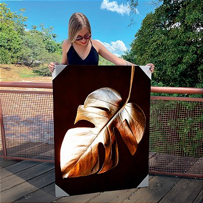 Quadro Decorativo Canvas Folhas Costela De Adão Dourada Fundo Preto Vertical