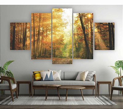 Quadros Decorativos Mosaico 5 peça Floresta Outono Amanhecer 115x60cm