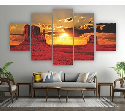 Quadros Decorativos Mosaico 5 peça Deserto Por do Sol Montanhas 115x60cm