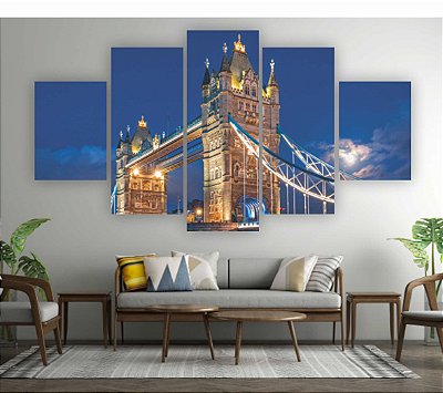 Quadros Decorativos Mosaico 5 peça Ponte Torre BRIDGE e Westminster em Londres 115x60cm
