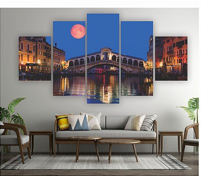 Quadros Decorativos Mosaico 5 peça Ponte Rialto Grande Canal Itália Veneza Rio Lua Vermelha 115x60cm