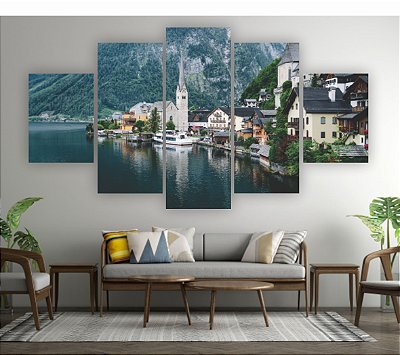 Quadros Decorativos Mosaico 5 peça Hallstatt Vilarejo Lago Hallstätter See na Áustria 115x60cm