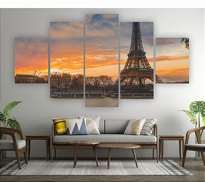 Quadros Decorativos Mosaico 5 peça  Torre Eiffel Paris Céu Entardecer 115x60cm