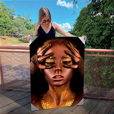 Quadro Decorativo Canvas Beleza Feminina Mulher com Maquiagem Bronze e Dourado Vertical