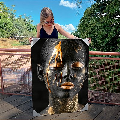 Quadro Decorativo Canvas Mulher com Maquiagem Dourada Escorrendo Vertical