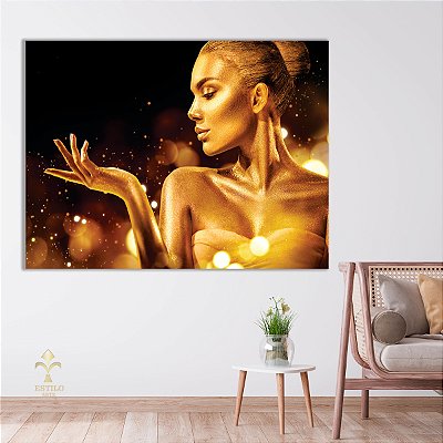 Quadro Decorativo Canvas Mulher com Maquiagem Dourada Ouro Gold e Brilho Horizontal