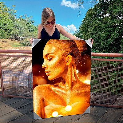 Quadro Decorativo Canvas Mulher com Maquiagem Dourada Ouro Gold e Brilho Horizontal
