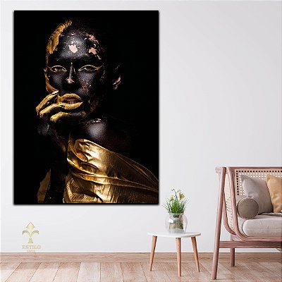 Quadro Decorativo Canvas Mulher com Maquiagem Preta e Dourada Ouro Gold Vertical