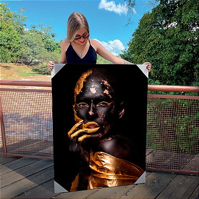Quadro Decorativo Canvas Mulher com Maquiagem Preta e Dourada Ouro Gold Vertical