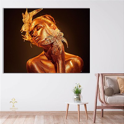 Quadro Decorativo Canvas Mulher com Maquiagem Dourada Ouro Gold Horizontal
