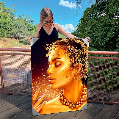 Quadro Decorativo Canvas Mulher com Maquiagem Dourada Ouro Gold