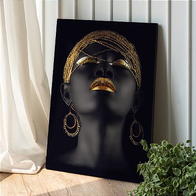 Quadro Decorativo Canvas Beleza Feminina Mulher Com Maquiagem Black Gold e Turbante de Pedras Vertical