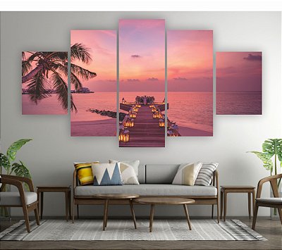 Quadros Decorativos Mosaico 5 peça Entardecer Por do Sol Pier Praia Mar 115x60cm