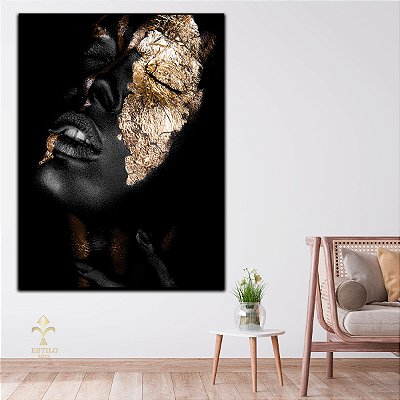 Quadro Decorativo Canvas Beleza Femina Mulher Com Maquiagem Black e Folhas de Ouro Vertical