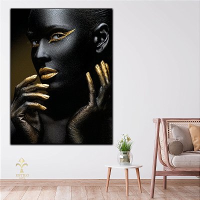 Quadro Decorativo Canvas Beleza Feminina Mulher com maquiagem preta e Delineado dourado Perfil Vertical