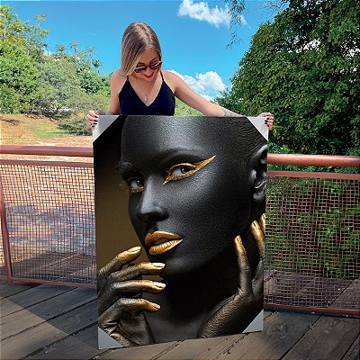 Quadro Decorativo Canvas Beleza Feminina Mulher com maquiagem preta e Delineado dourado Perfil Vertical