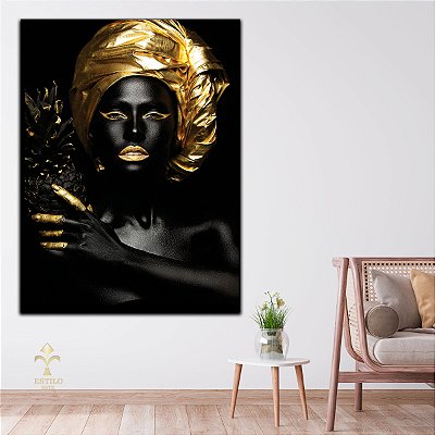 Quadro Decorativo Canvas Beleza Feminina Mulher com maquiagem preta e dourada com abacaxi Vertical