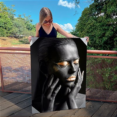 Quadro Decorativo Canvas Beleza Feminina Mulher com Maquiagem Preta e Dourada Perfil Vertical