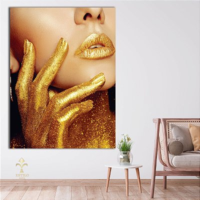 Quadro Decorativo Canvas Mulher Beleza Feminina Lábios Dourados Gold Vertical
