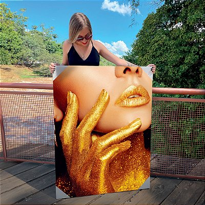 Quadro Decorativo Canvas Mulher Beleza Feminina Lábios Dourados Gold Vertical