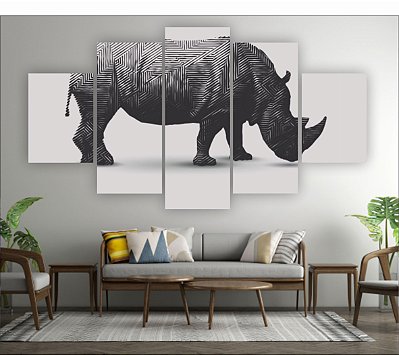 Quadros Decorativos Mosaico 5 peça Arte Abstrata Geométrico Rinoceronte Preto e Branco África115x60cm