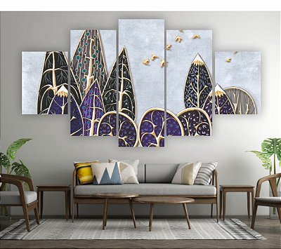 Quadros Decorativos Mosaico 5 peça Floral Folhas Abstrata Luxo Douradas 15x60cm