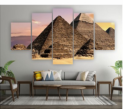 Quadros Decorativos Mosaico 5 peça Pirâmide Egito Deserto 115x60cm
