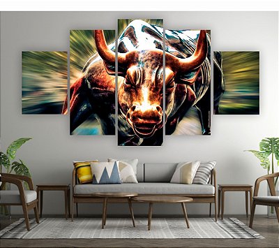 Quadros Decorativos Mosaico 5 peça Charging Bull Touro de Wall Street Nova York 115x60cm