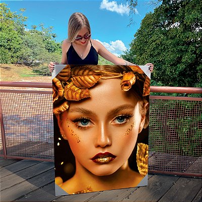 Quadro Decorativo Canvas Mulher Beleza Feminina Batom Gold Coroa de Flores Vertical
