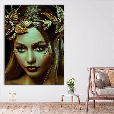 Quadro Decorativo Canvas Mulher Beleza Feminina Olhos Amarelos e Coroa de Flores Vertical