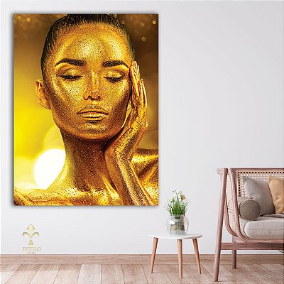 Quadro Decorativo Canvas Mulher Beleza Feminina Pele Dourada Gold Brilho Luxo Vertical